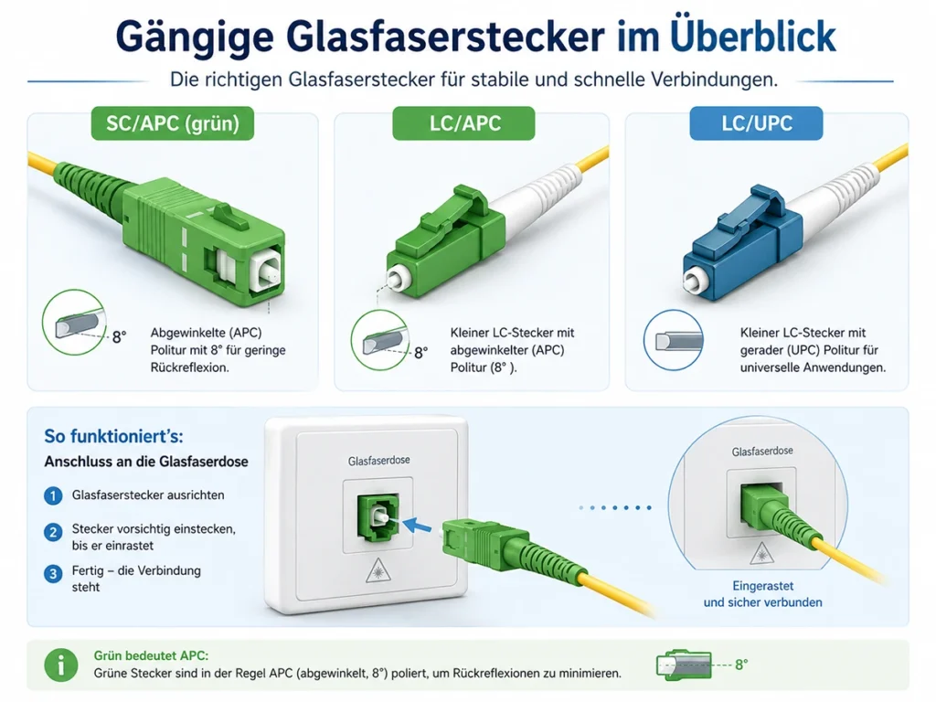 CGlasfaserstecker einfach erklärt: LC/APC, SC/APC, UPC – welches Glasfaserkabel brauche ich? Glasfaserstecker einfach erklärt: LC/APC, SC/APC, UPC – welches Glasfaserkabel brauche ich?